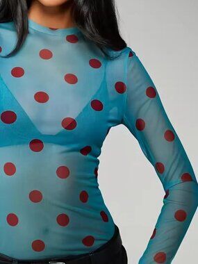 Red-Blue Polka Dot Sheer Mesh Longsleeve Top